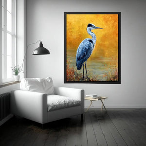 Elegant heron artwork with golden background for serene modern living room decor
