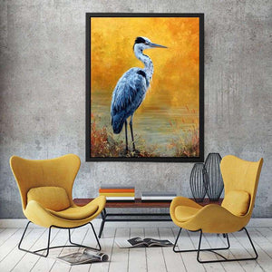 Elegant heron artwork with golden background for serene modern living room decor