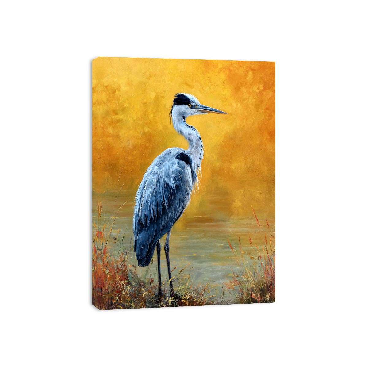 Elegant heron artwork with golden background for serene modern living room decor