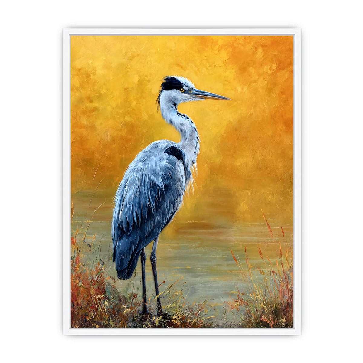 Elegant heron artwork with golden background for serene modern living room decor