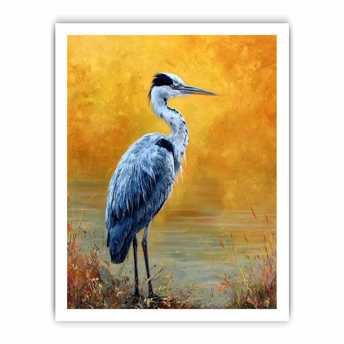 Elegant heron artwork with golden background for serene modern living room decor