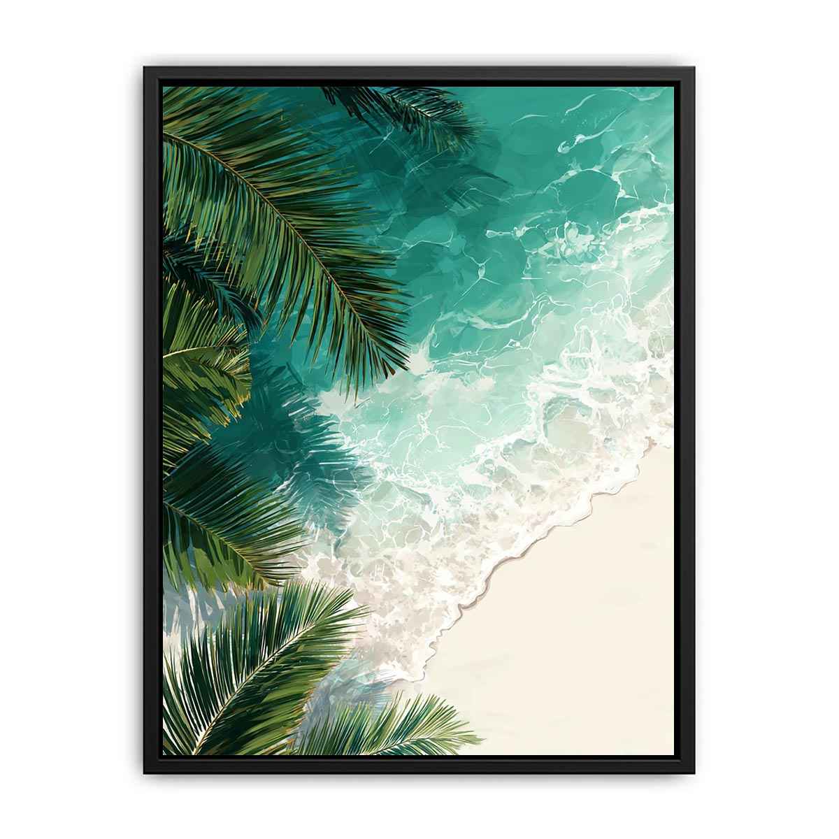 Overhead tropical beach artwork with palm leaves and turquoise ocean for coastal room decor