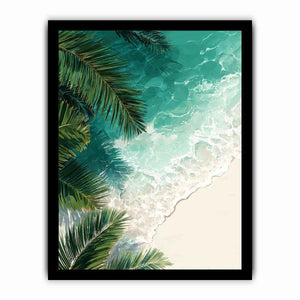 Overhead tropical beach artwork with palm leaves and turquoise ocean for coastal room decor