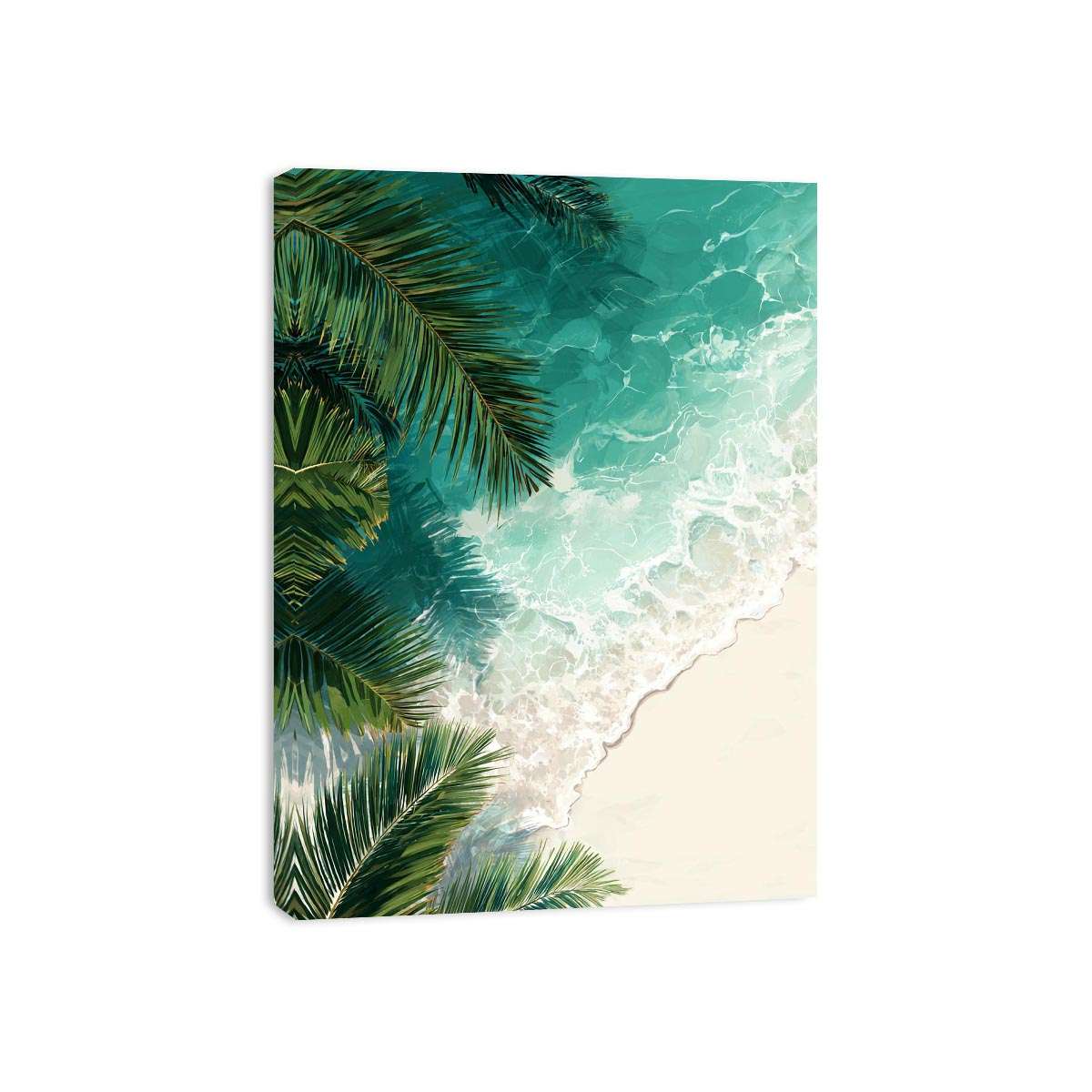 Overhead tropical beach artwork with palm leaves and turquoise ocean for coastal room decor