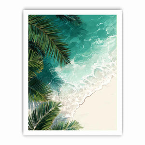 Overhead tropical beach artwork with palm leaves and turquoise ocean for coastal room decor