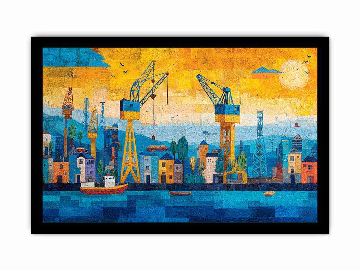 Colorful harbor cityscape canvas art with cranes and boats for modern office decor