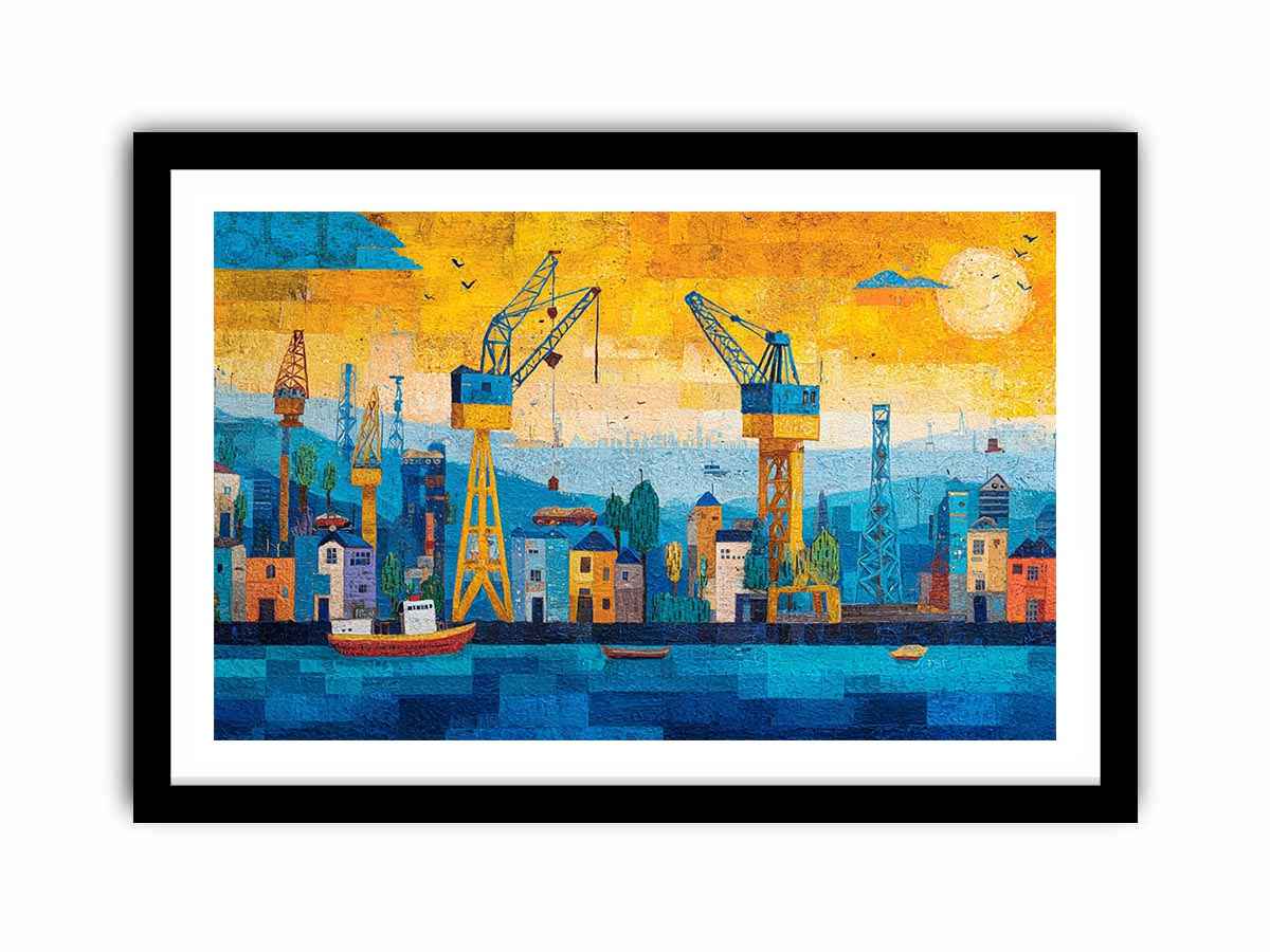 Colorful harbor cityscape canvas art with cranes and boats for modern office decor