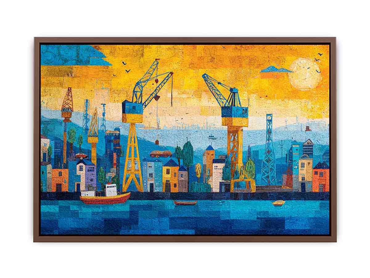 Colorful harbor cityscape canvas art with cranes and boats for modern office decor