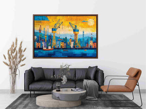 Colorful harbor cityscape canvas art with cranes and boats for modern office decor