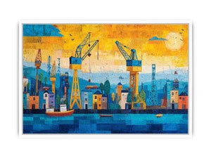 Colorful harbor cityscape canvas art with cranes and boats for modern office decor