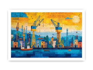 Colorful harbor cityscape canvas art with cranes and boats for modern office decor