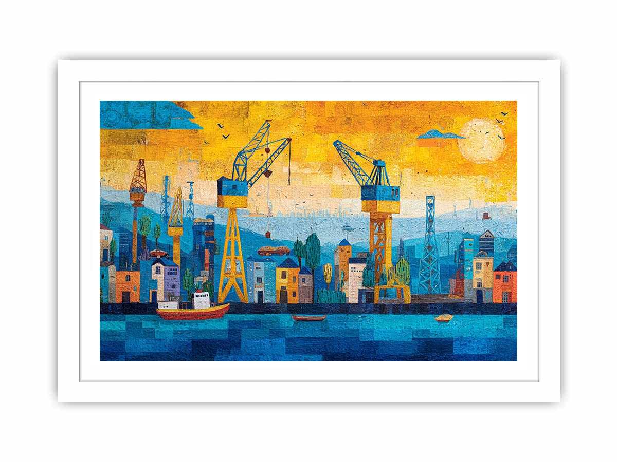 Colorful harbor cityscape canvas art with cranes and boats for modern office decor