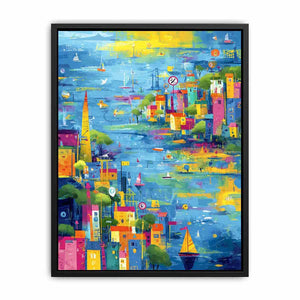 Colorful coastal cityscape canvas art with sailboats for modern living room decor