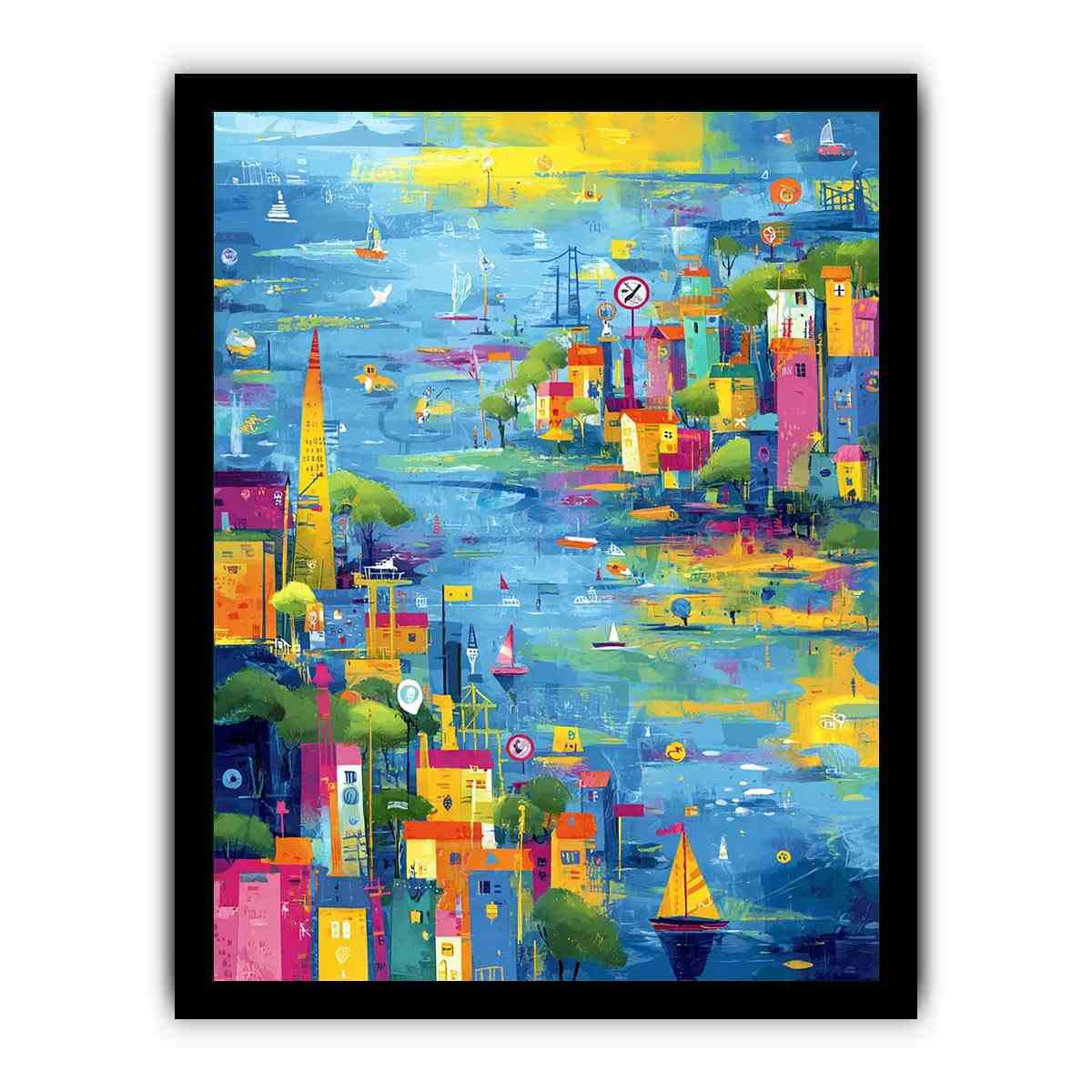 Colorful coastal cityscape canvas art with sailboats for modern living room decor