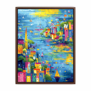 Colorful coastal cityscape canvas art with sailboats for modern living room decor