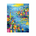Colorful coastal cityscape canvas art with sailboats for modern living room decor