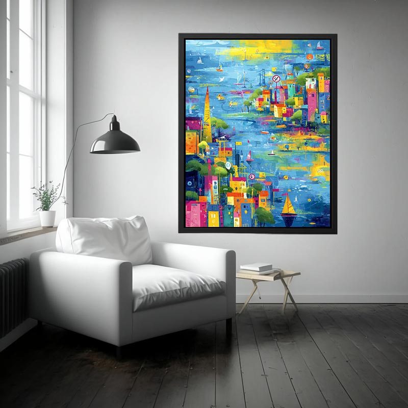 Colorful coastal cityscape canvas art with sailboats for modern living room decor