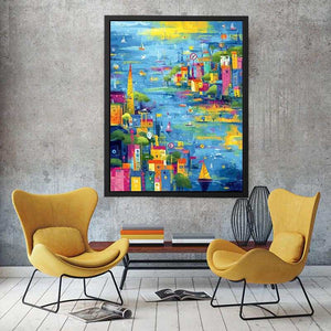 Colorful coastal cityscape canvas art with sailboats for modern living room decor