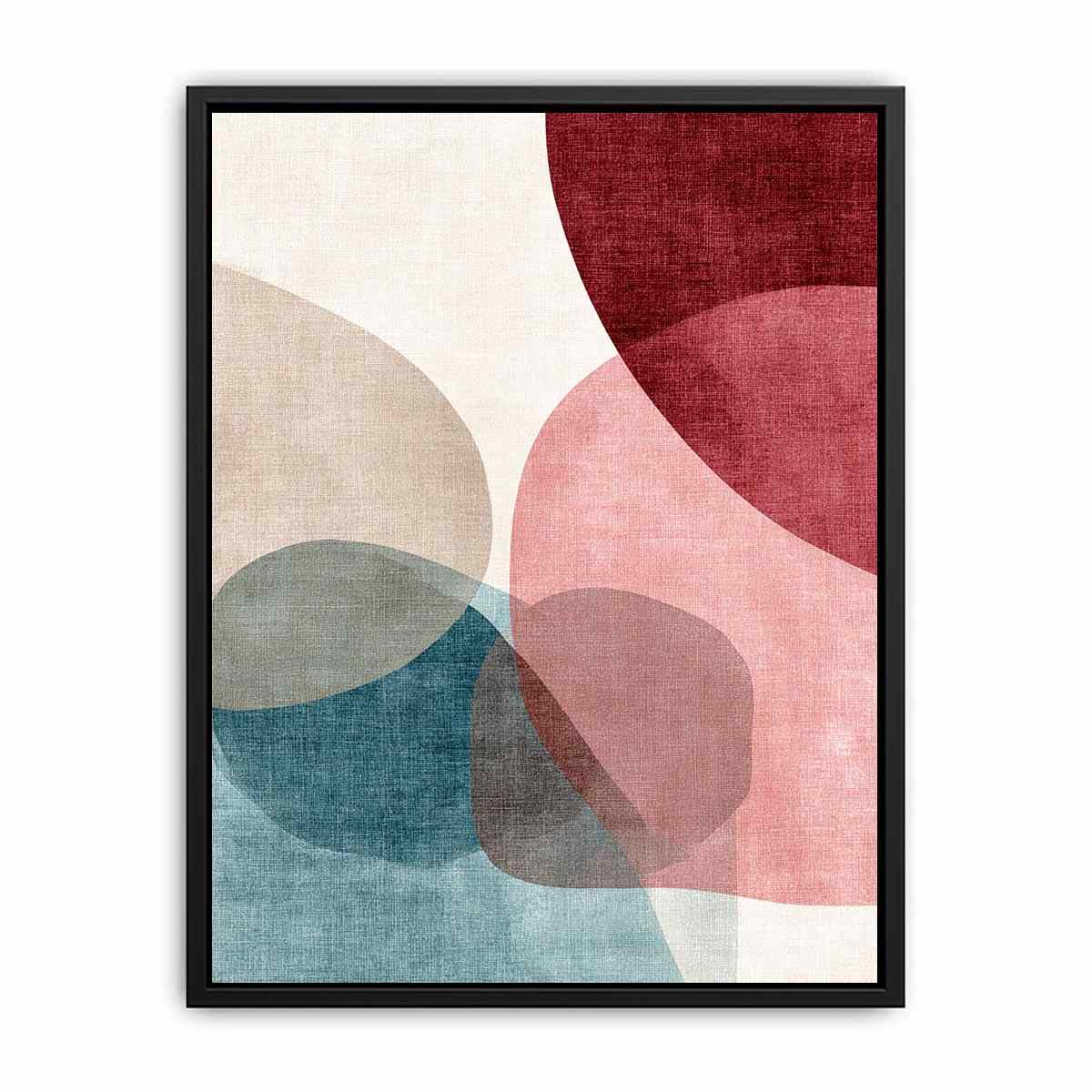 Abstract geometric circles artwork in blush and teal tones for modern living room decor