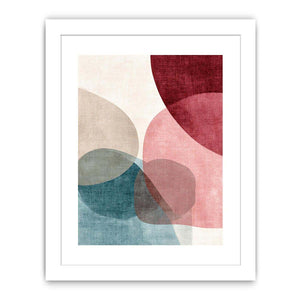 Abstract geometric circles artwork in blush and teal tones for modern living room decor