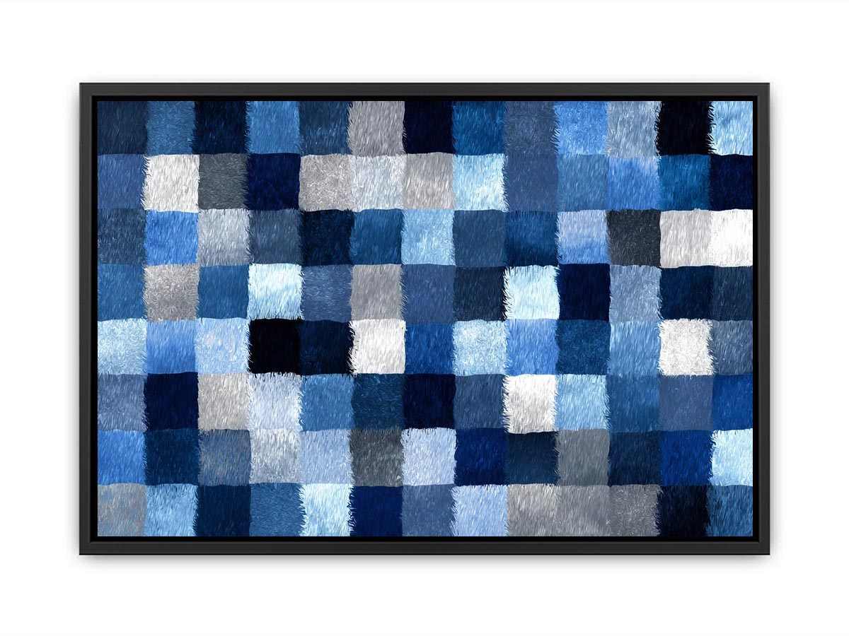 Blue geometric grid artwork with textured squares for contemporary office or living room decor