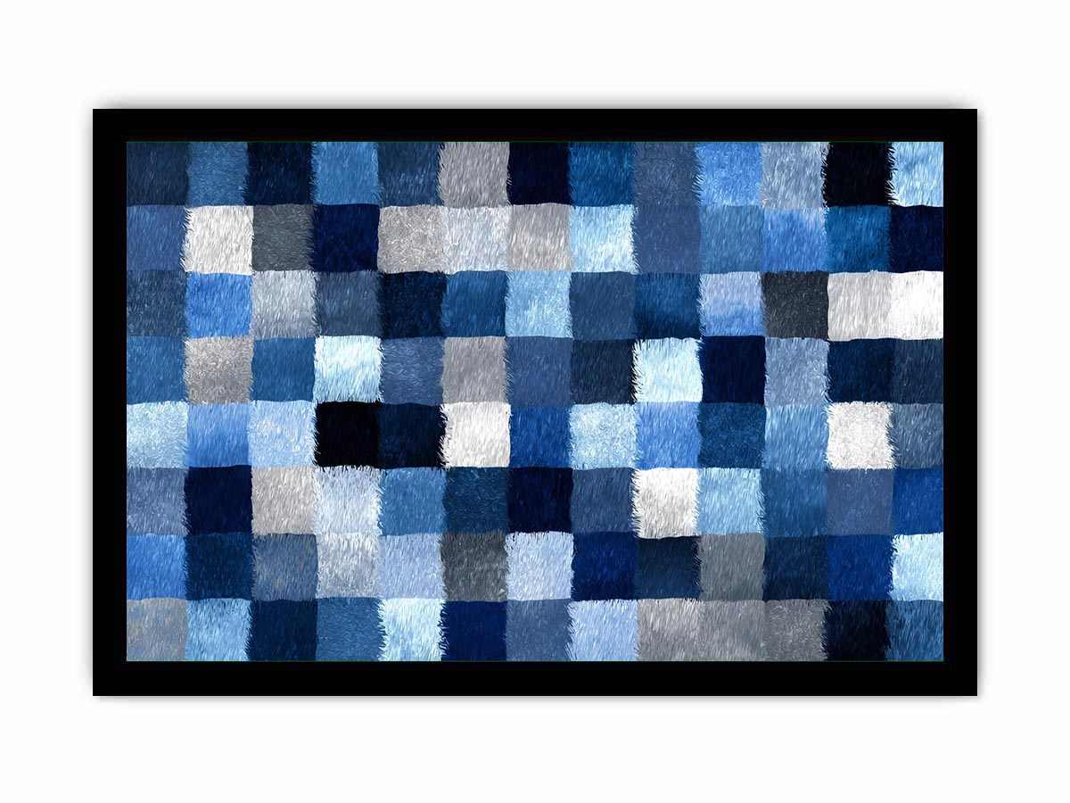 Blue geometric grid artwork with textured squares for contemporary office or living room decor