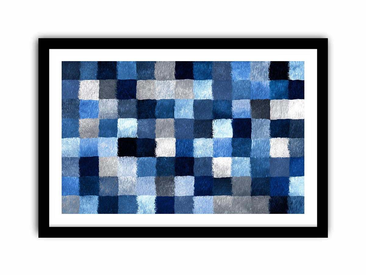 Blue geometric grid artwork with textured squares for contemporary office or living room decor