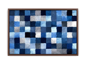 Blue geometric grid artwork with textured squares for contemporary office or living room decor