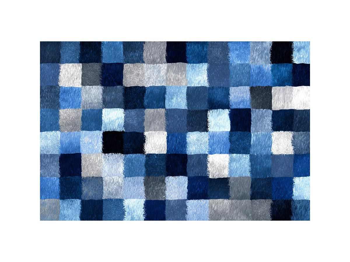 Blue geometric grid artwork with textured squares for contemporary office or living room decor