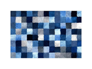 Blue geometric grid artwork with textured squares for contemporary office or living room decor