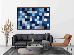 Blue geometric grid artwork with textured squares for contemporary office or living room decor