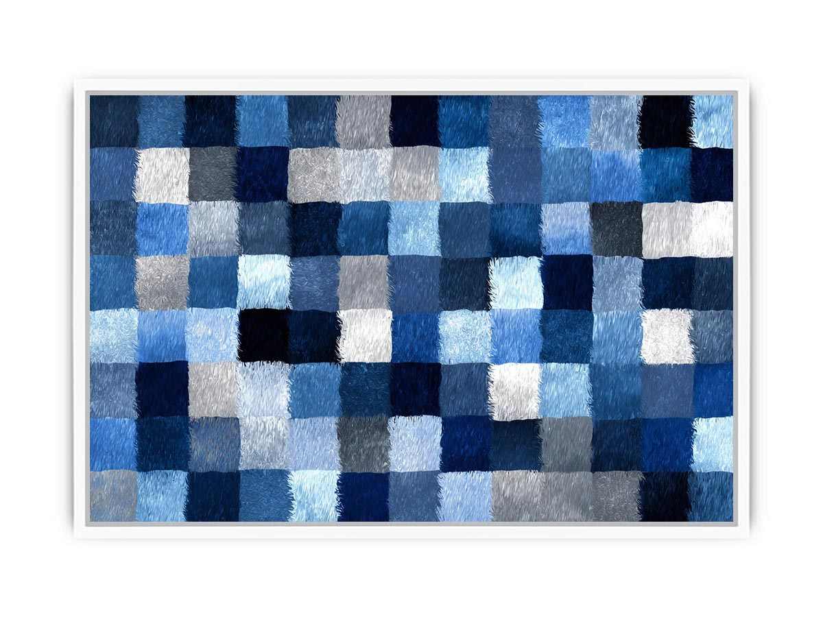 Blue geometric grid artwork with textured squares for contemporary office or living room decor