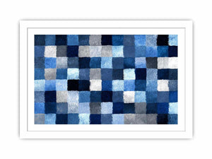 Blue geometric grid artwork with textured squares for contemporary office or living room decor