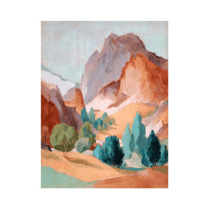 Mountain landscape artwork with earthy tones and teal trees for elegant living room decor