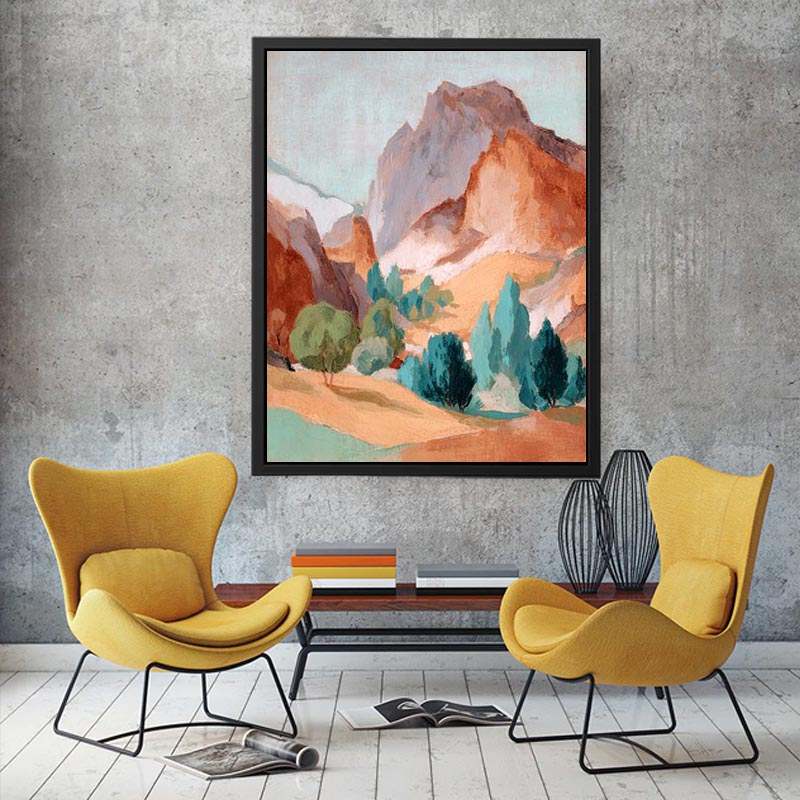 Mountain landscape artwork with earthy tones and teal trees for elegant living room decor