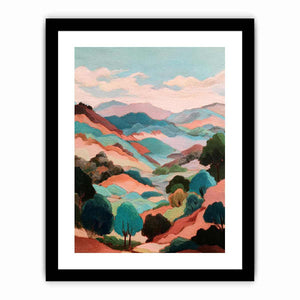 Pastel mountain landscape artwork with rolling hills for stylish bedroom decor