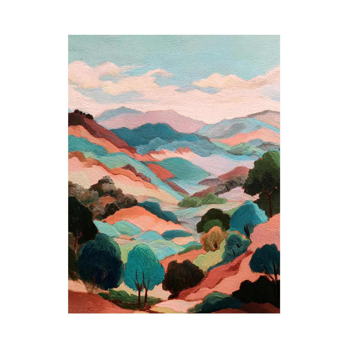 Pastel mountain landscape artwork with rolling hills for stylish bedroom decor