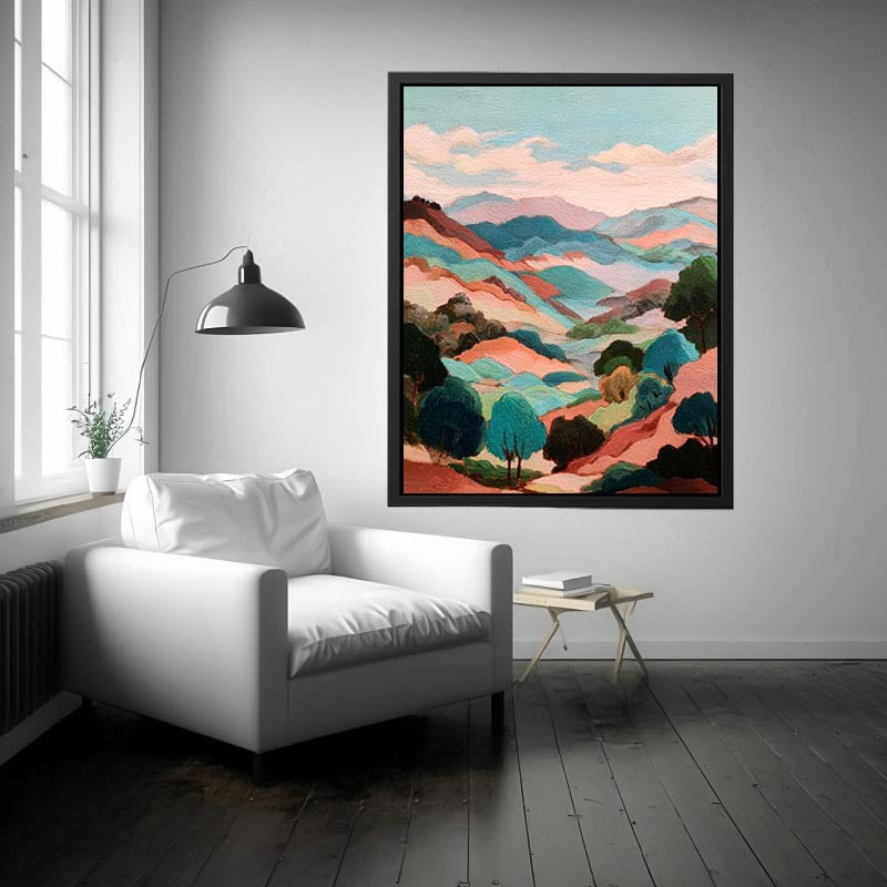 Pastel mountain landscape artwork with rolling hills for stylish bedroom decor