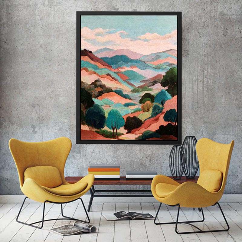 Pastel mountain landscape artwork with rolling hills for stylish bedroom decor