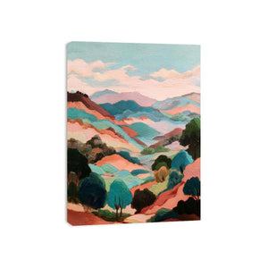 Pastel mountain landscape artwork with rolling hills for stylish bedroom decor