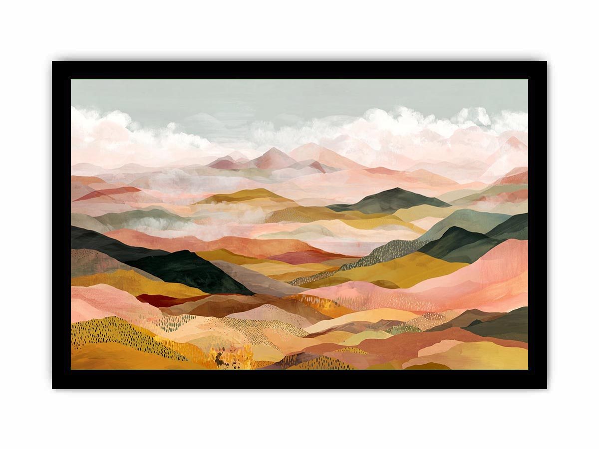 Panoramic mountain landscape artwork with soft golden tones for luxury living room decor