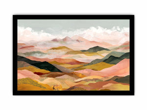 Panoramic mountain landscape artwork with soft golden tones for luxury living room decor