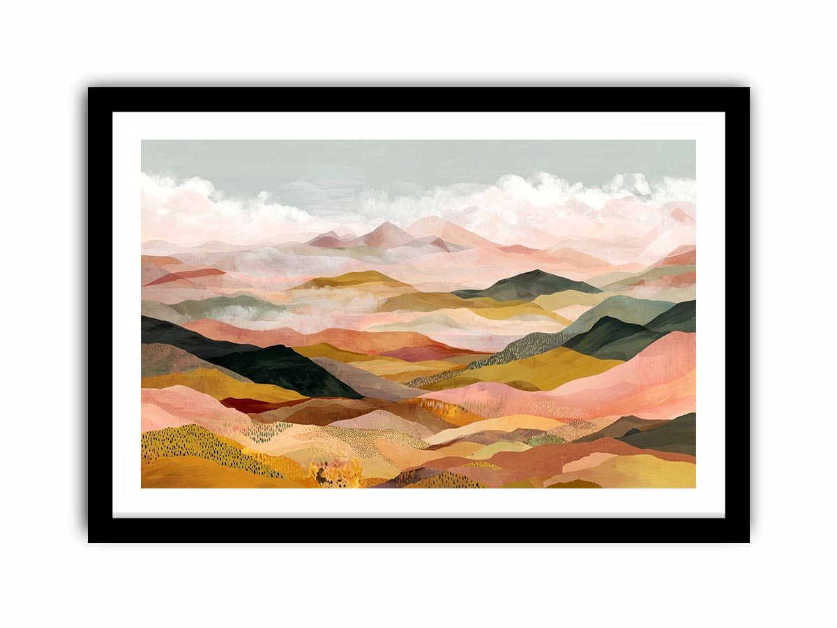 Panoramic mountain landscape artwork with soft golden tones for luxury living room decor