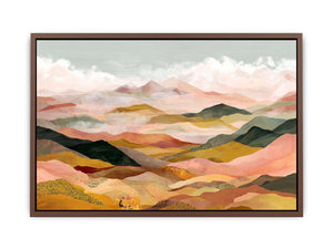 Panoramic mountain landscape artwork with soft golden tones for luxury living room decor