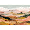 Panoramic mountain landscape artwork with soft golden tones for luxury living room decor