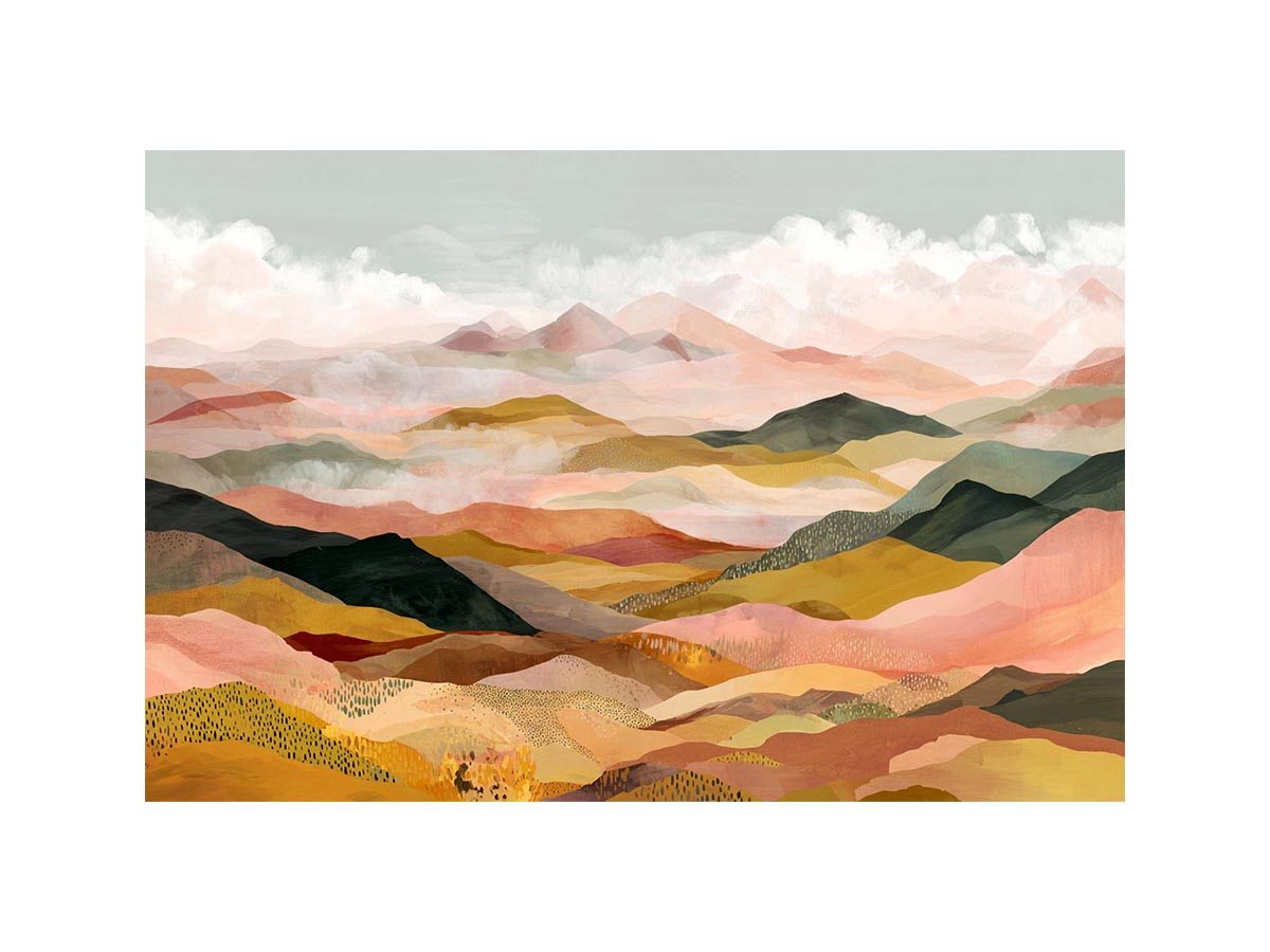 Panoramic mountain landscape artwork with soft golden tones for luxury living room decor