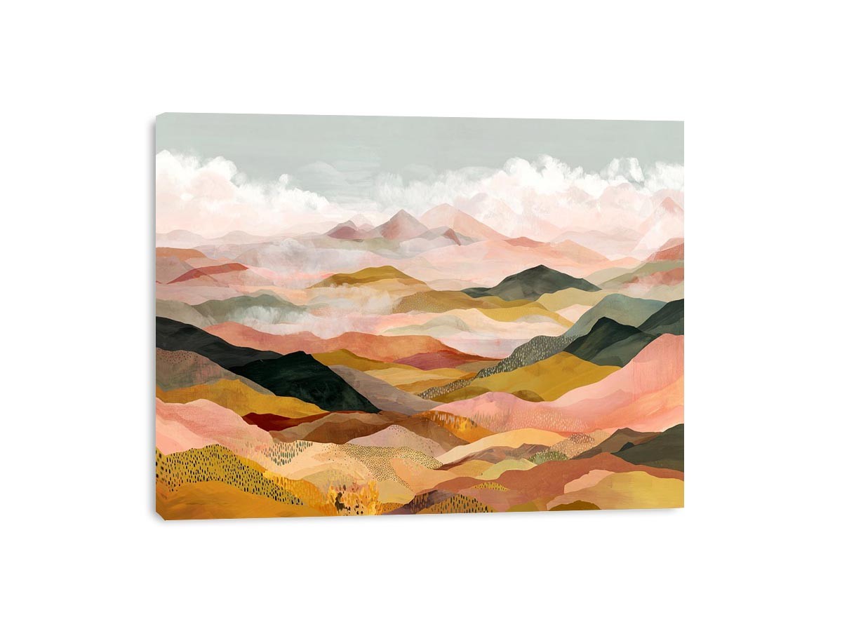 Panoramic mountain landscape artwork with soft golden tones for luxury living room decor