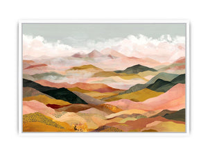 Panoramic mountain landscape artwork with soft golden tones for luxury living room decor