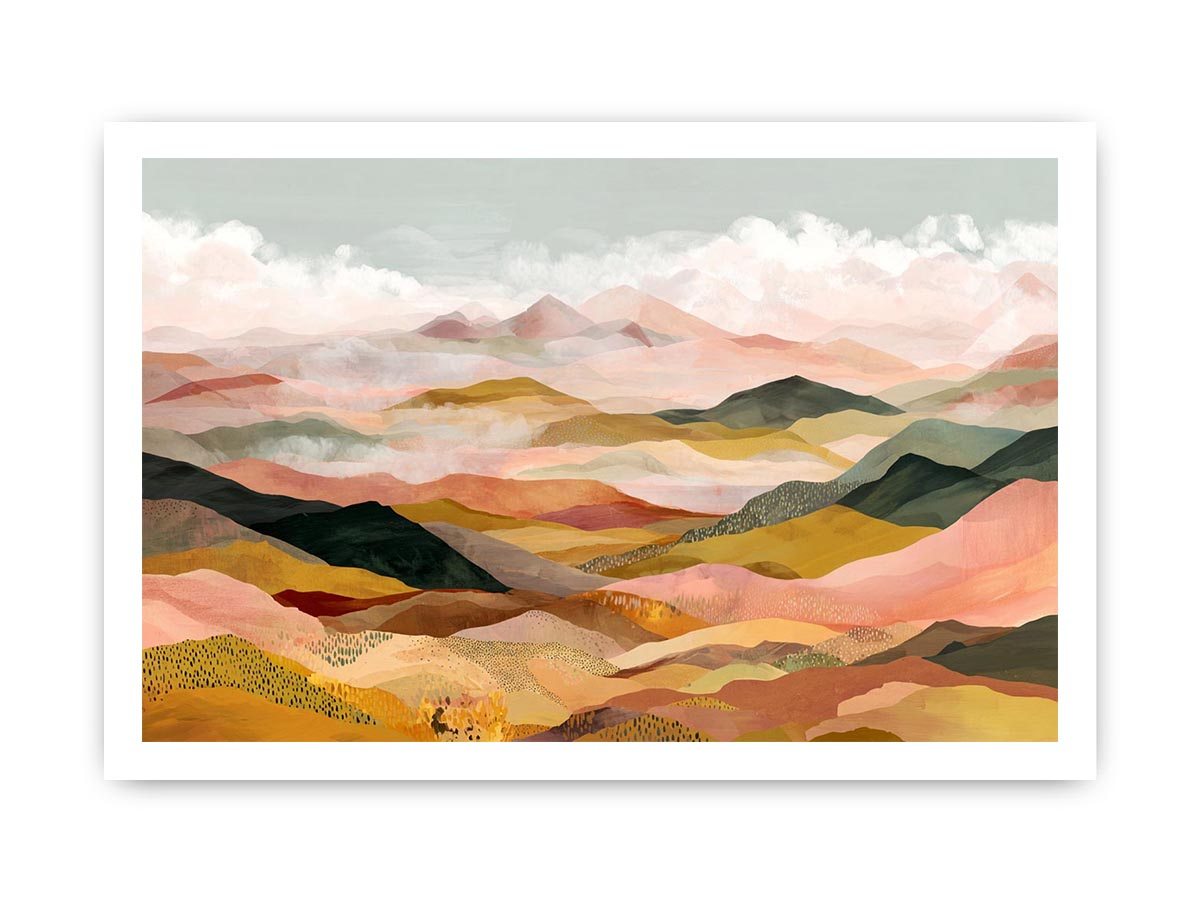 Panoramic mountain landscape artwork with soft golden tones for luxury living room decor
