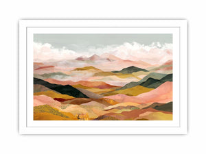 Panoramic mountain landscape artwork with soft golden tones for luxury living room decor